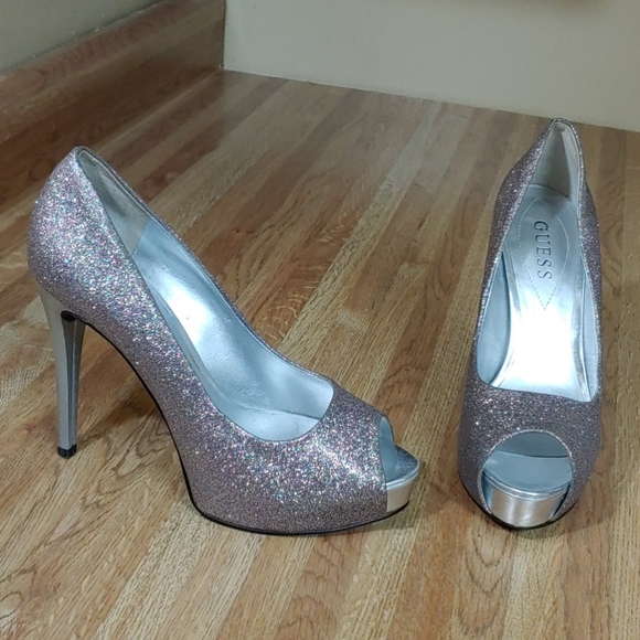 Guess Pink Rainbow Glitter Peep Hole Heels 7M - Picture 1 of 14